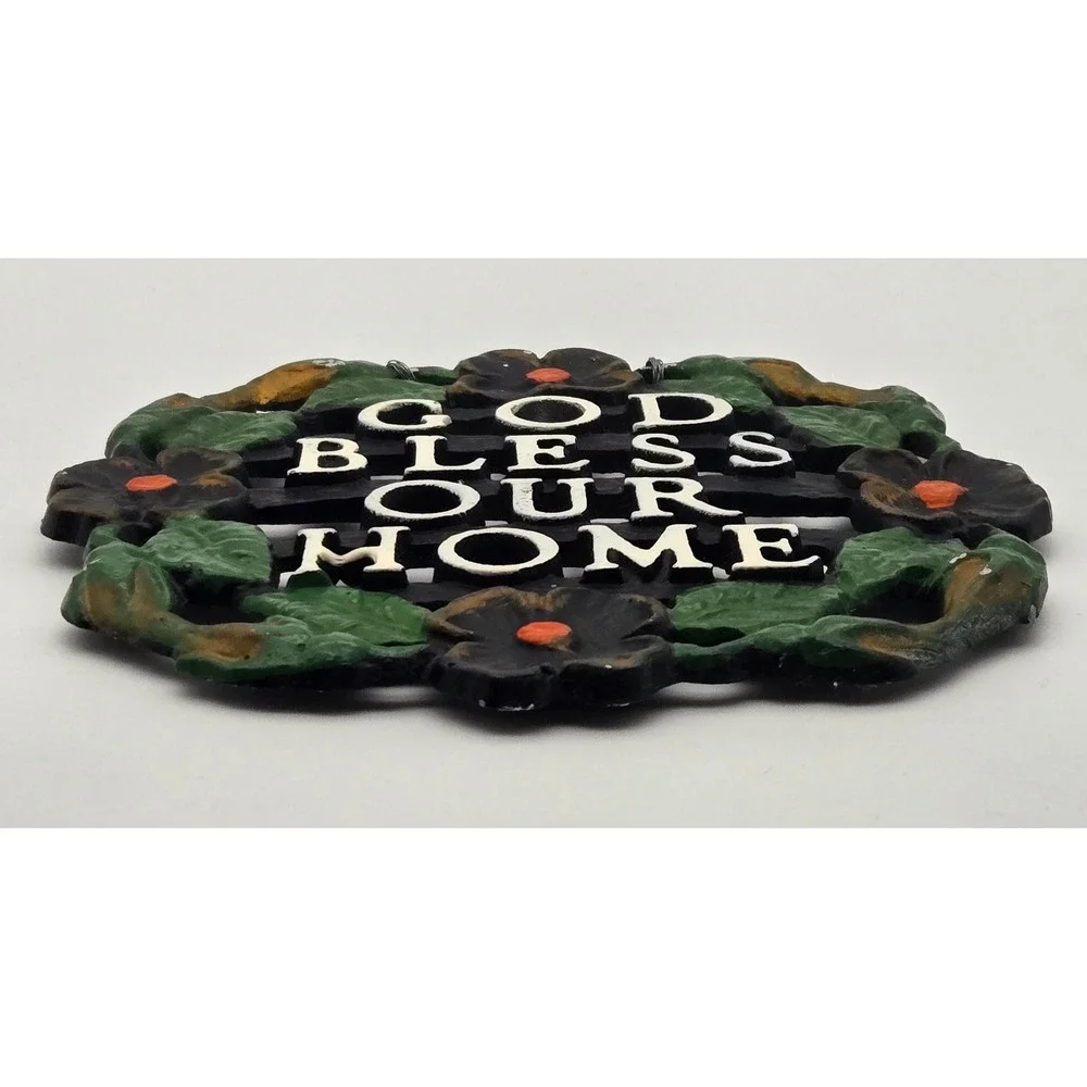 God Bless Our Home Trivet Wall Plaque Floral Kitchen Decor Metal Spiritual Vtg